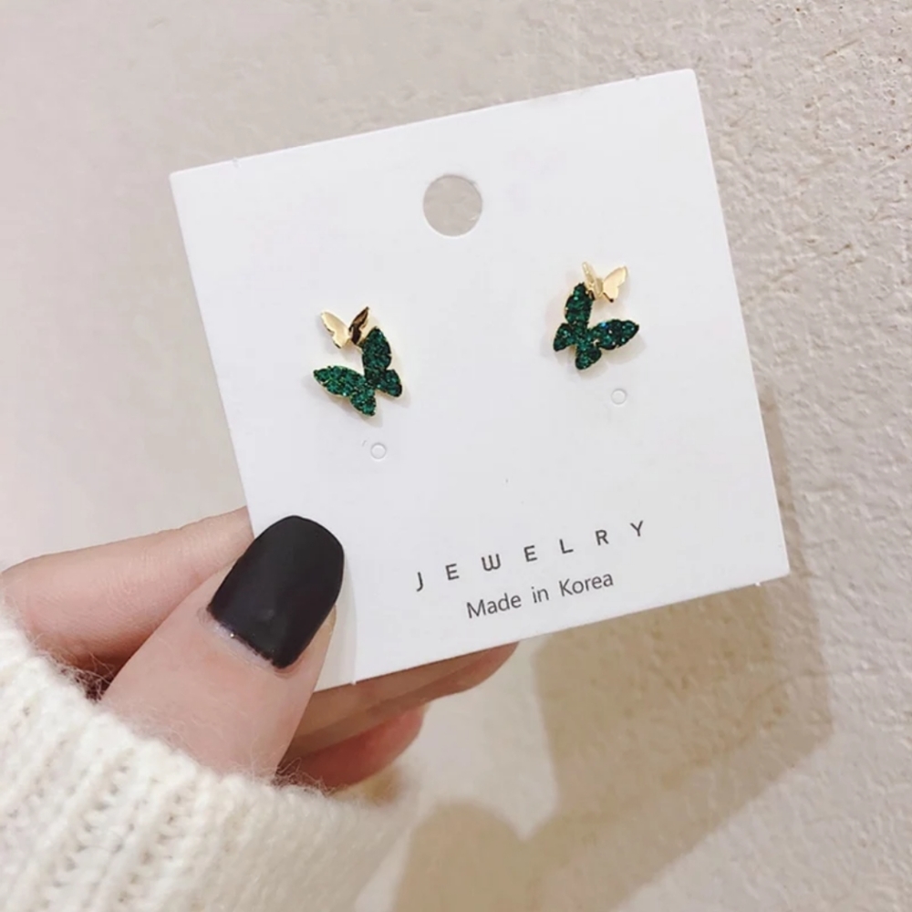 Green Rhinestone Butterfly Stud Earrings For Women
